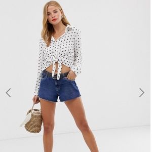 QED London tie front shirt in polka dot